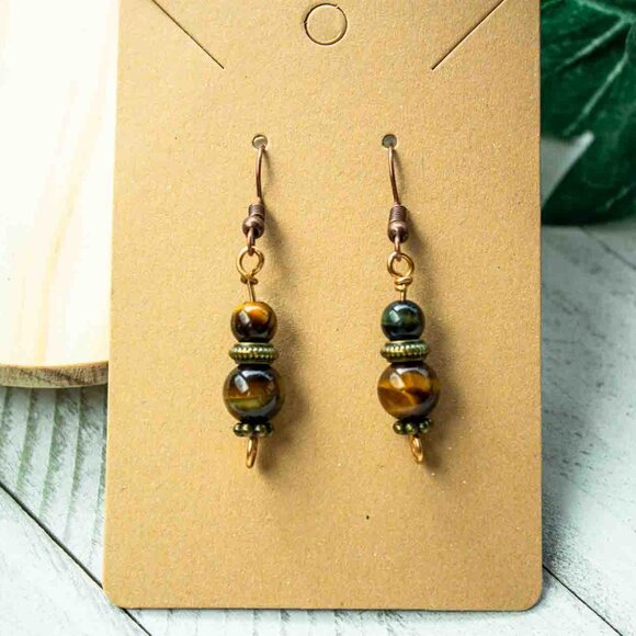 Tiger’s Eye Drop Earrings with Bronze and Copper Accents - Picture 3 of 11